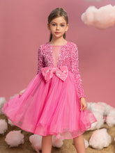 Tween-Mädchen-Partykleid mit süßer Schleife vorne und langen Ärmeln